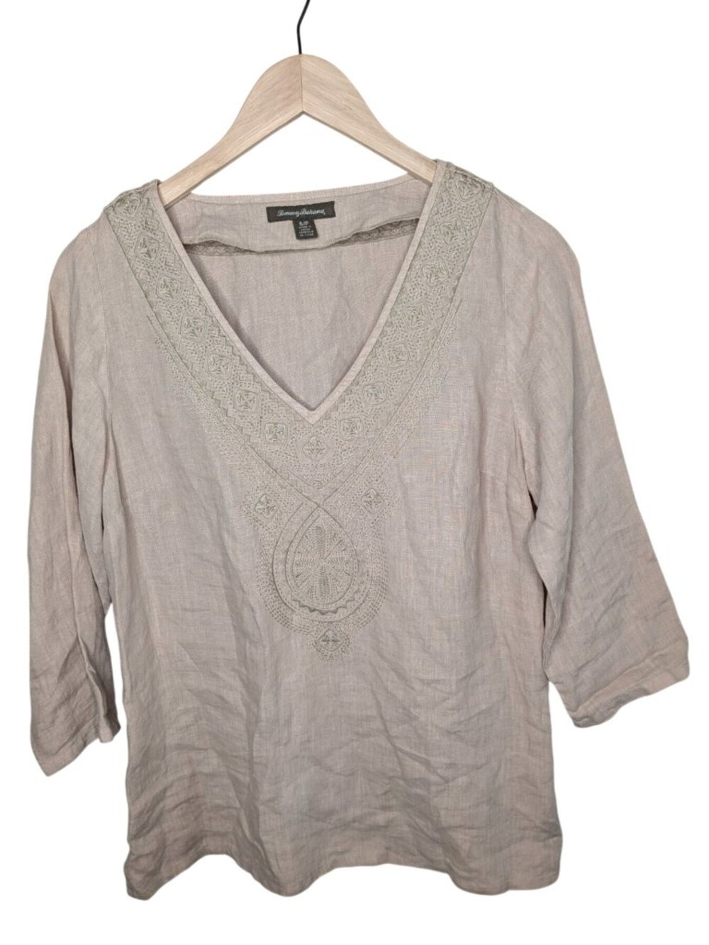 Tommy Bahama Coastal Embroidered Cream Linen V-Neck Top Small